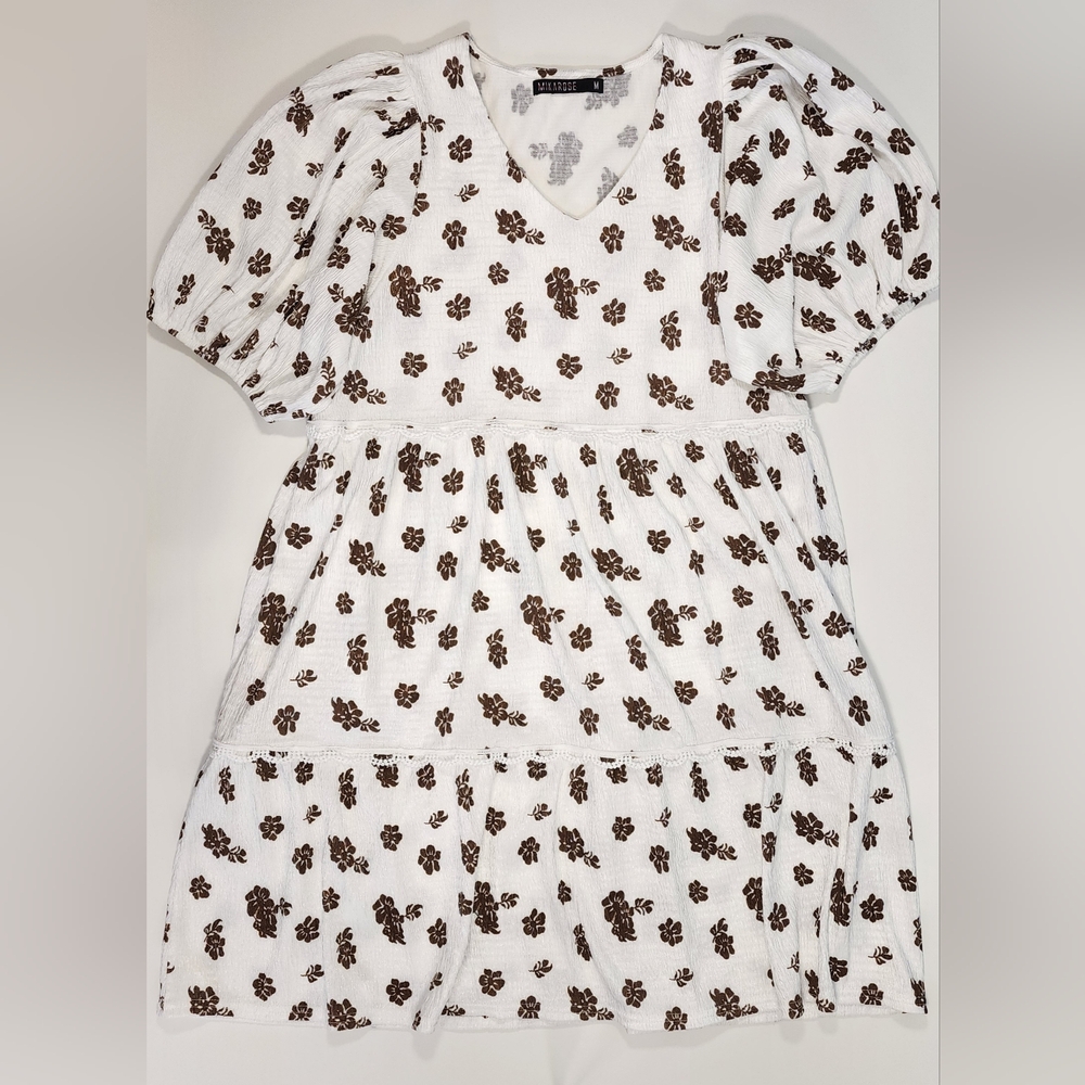 Mikarose Dress Floral Size M White/Brown Spring Tiered Cloud Dress Pockets Lace - Picture 2 of 12